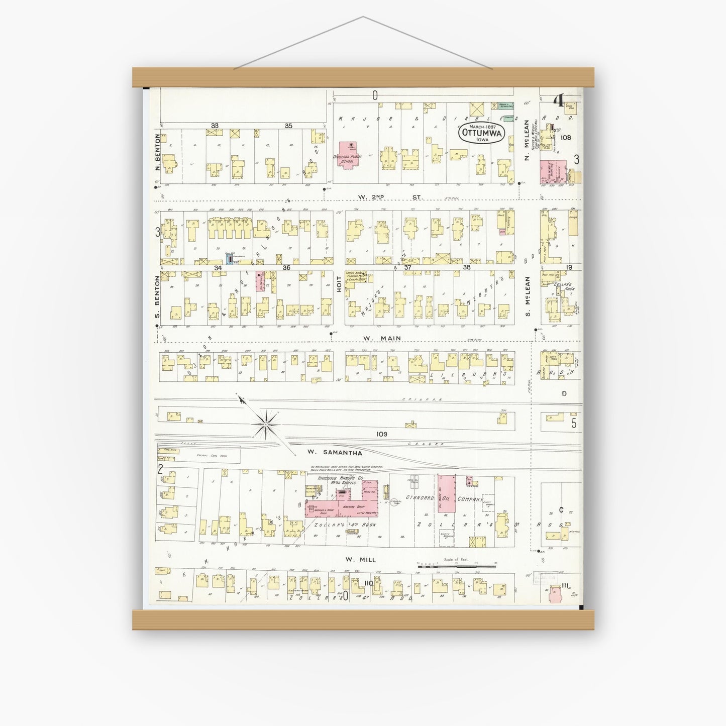 Old map wall art mockup — magnetic wood frame on white wall — Sanborn Fire Insurance Map from Ottumwa, Wapello County, Iowa (1897), Sheet #0004