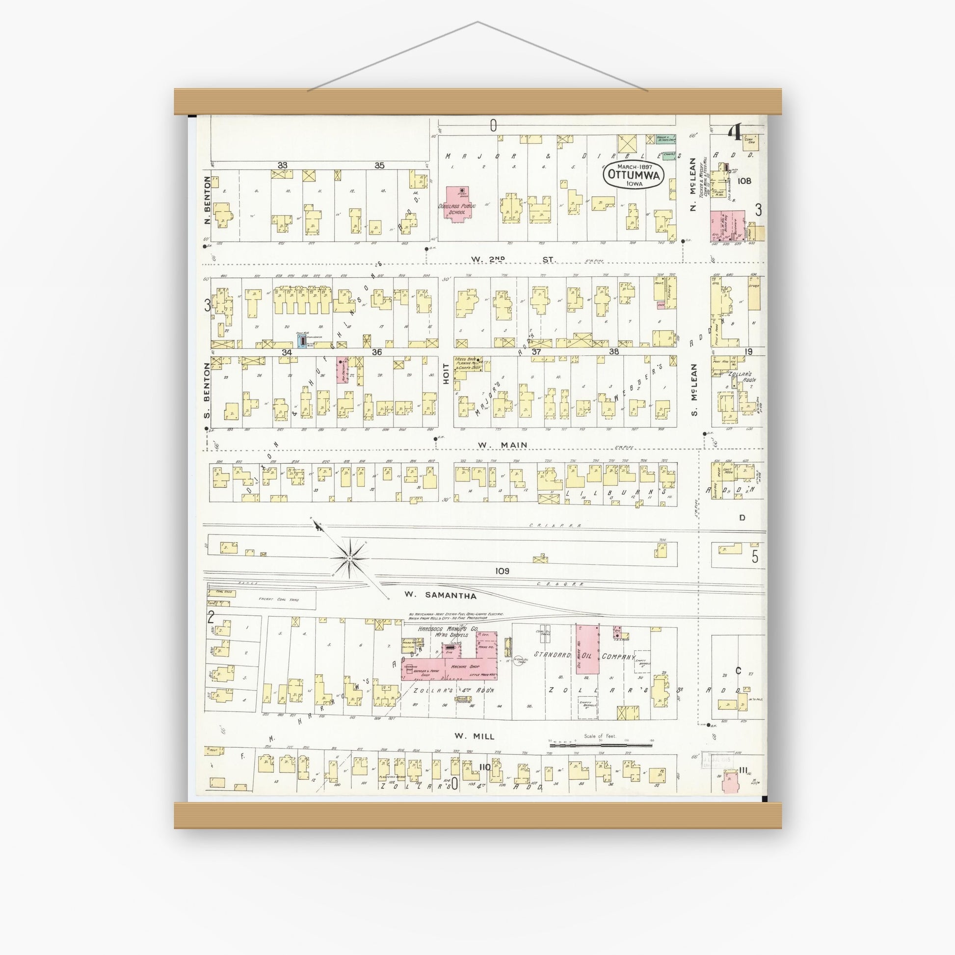Old map wall art mockup — magnetic wood frame on white wall — Sanborn Fire Insurance Map from Ottumwa, Wapello County, Iowa (1897), Sheet #0004