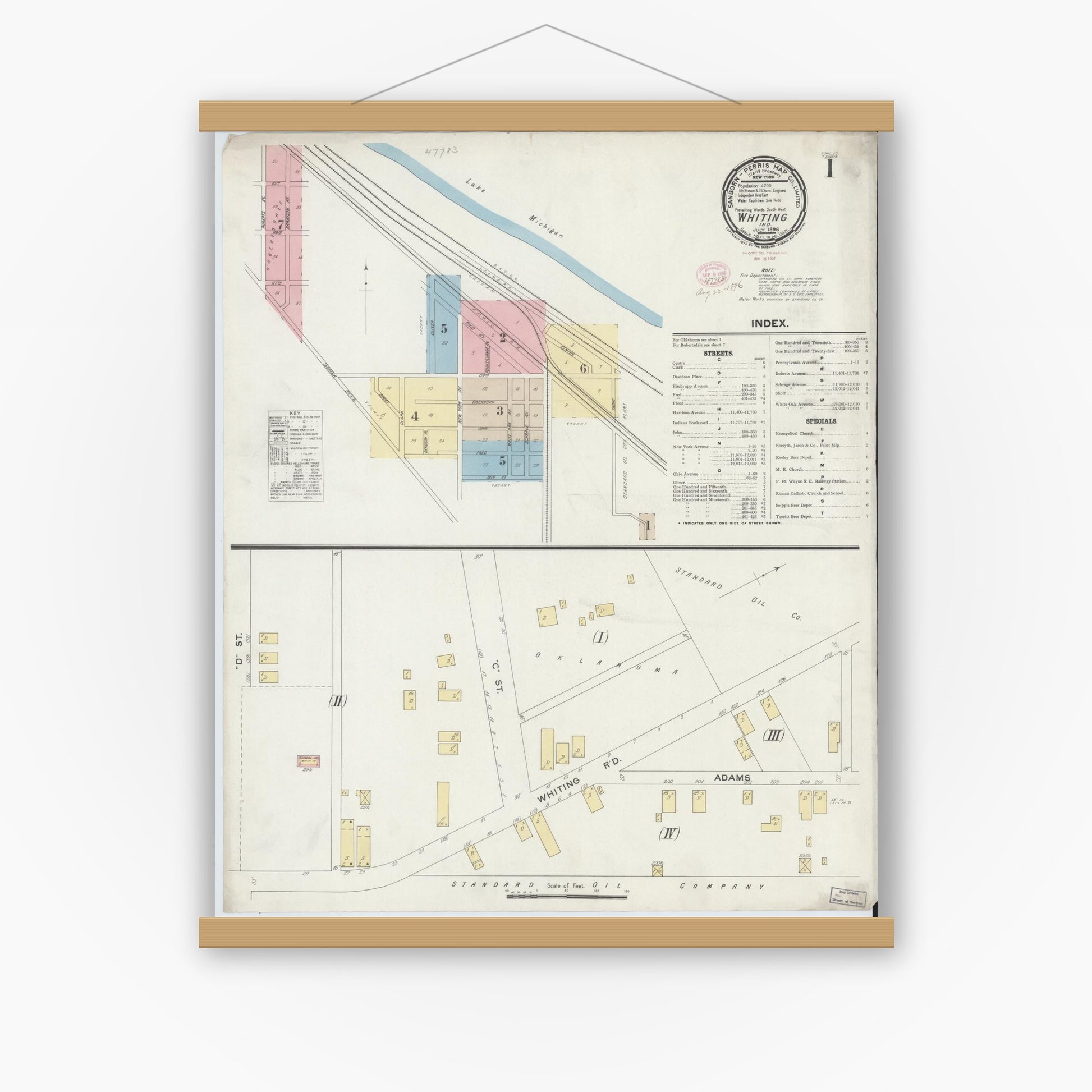Old map wall art mockup — magnetic wood frame on white wall — Sanborn Fire Insurance Map from Whiting, Lake County, Indiana (1896), Sheet #0001