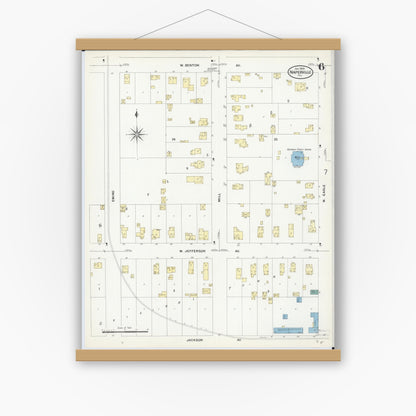 Old map wall art mockup — magnetic wood frame on white wall — Sanborn Fire Insurance Map from Naperville, Du Page County, Illinois (1909), Sheet #0006