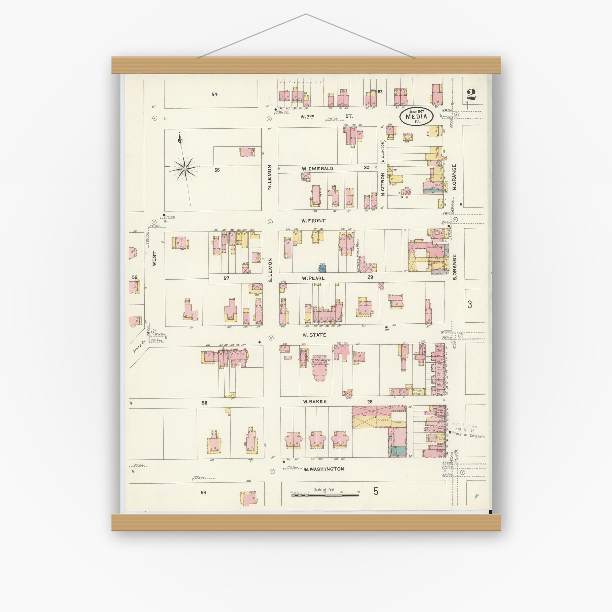 Old map wall art mockup — magnetic wood frame on white wall — Sanborn Fire Insurance Map from Media, Delaware County, Pennsylvania (1907), Sheet #0002
