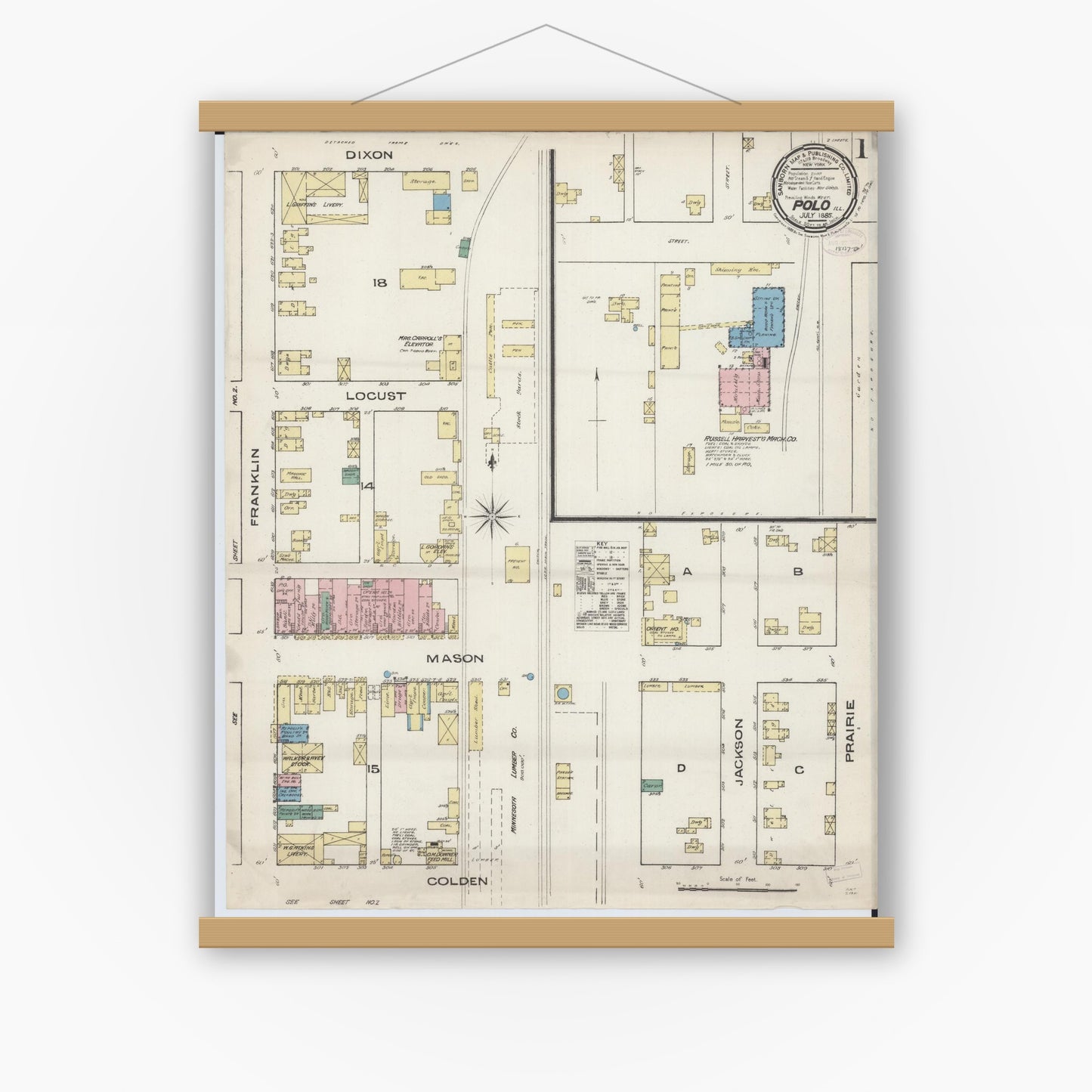 Old map wall art mockup — magnetic wood frame on white wall — Sanborn Fire Insurance Map from Polo, Ogle County, Illinois (1885) - Complete Map Set