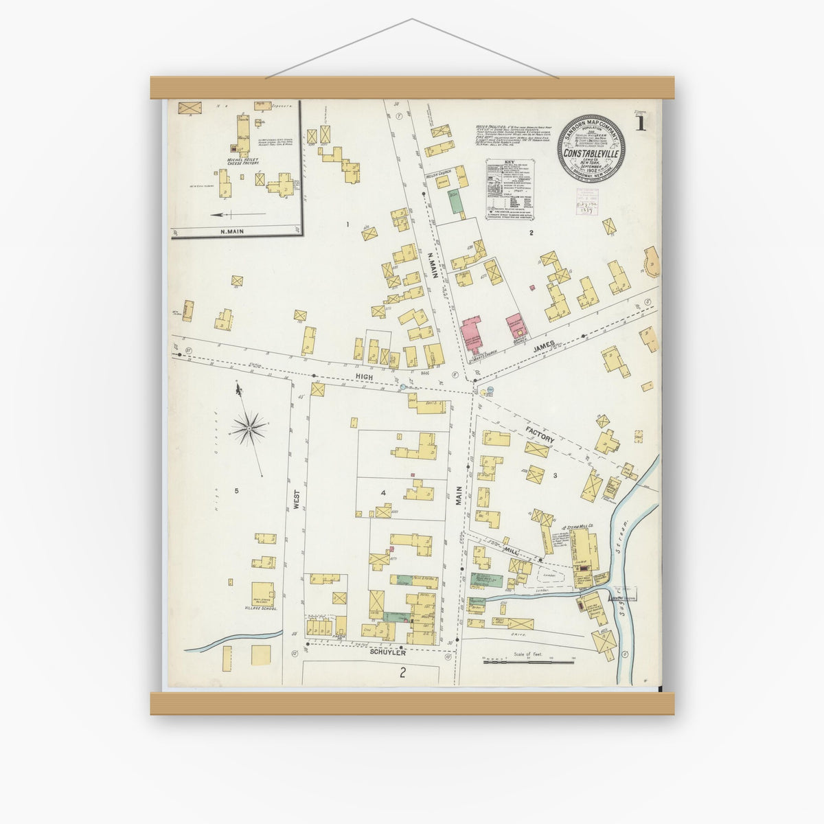 Old map wall art mockup — magnetic wood frame on white wall — Sanborn Fire Insurance Map from Constableville, Lewis County, New York (1902), Sheet #0001