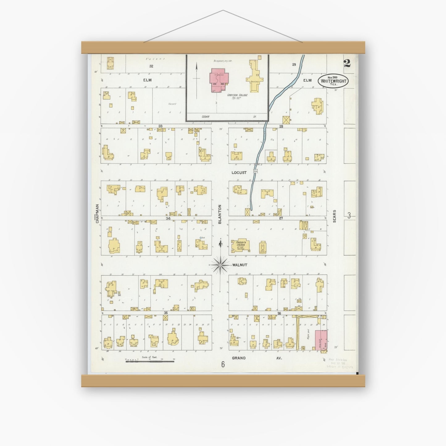 Old map wall art mockup — magnetic wood frame on white wall — Sanborn Fire Insurance Map from Whitewright, Grayson County, Texas (1900), Sheet #0002