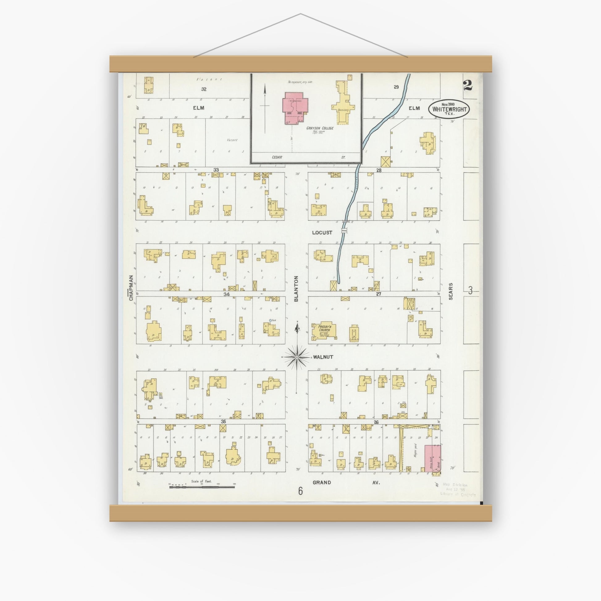 Old map wall art mockup — magnetic wood frame on white wall — Sanborn Fire Insurance Map from Whitewright, Grayson County, Texas (1900), Sheet #0002