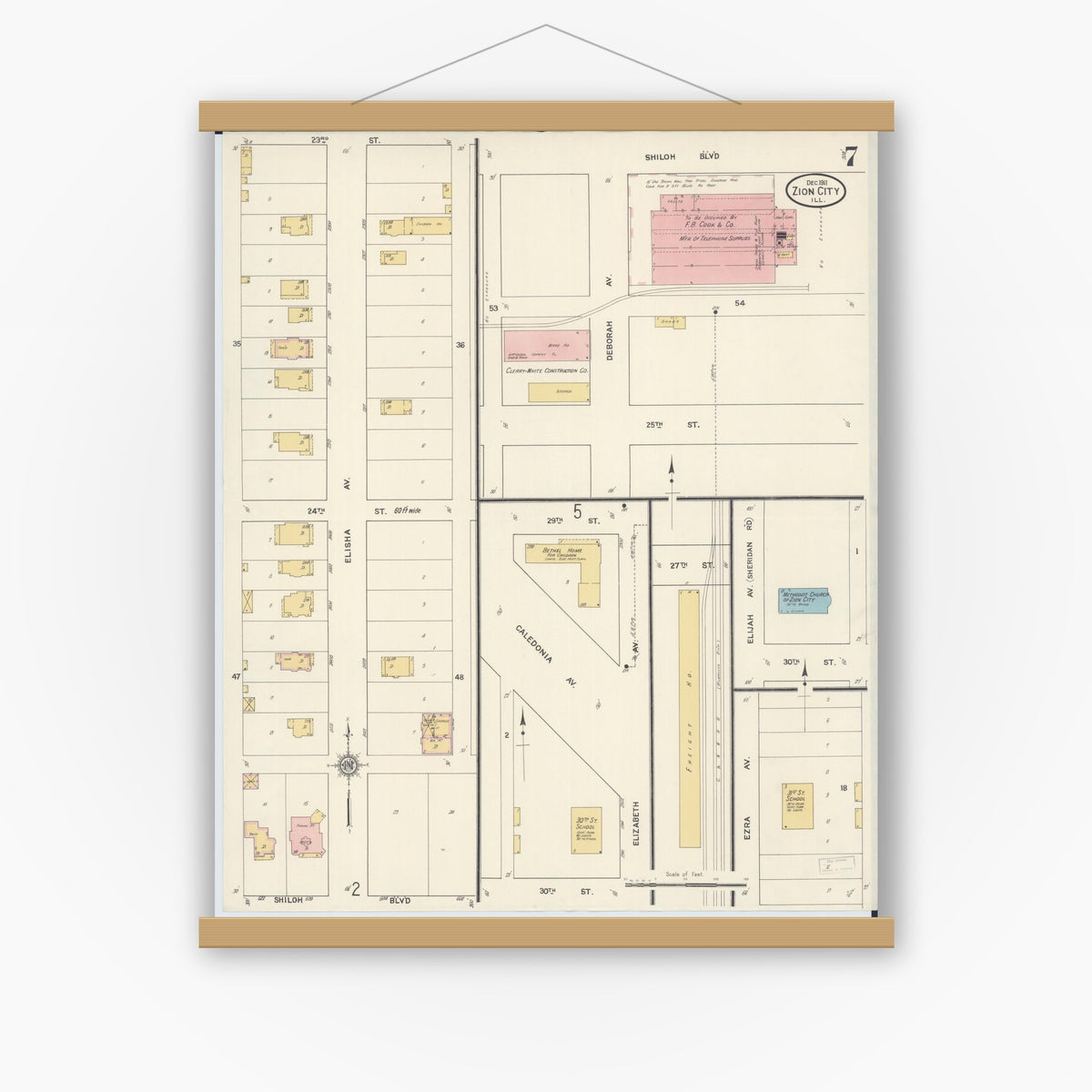 Old map wall art mockup — magnetic wood frame on white wall — Sanborn Fire Insurance Map from Zion, Lake County, Illinois (1911), Sheet #0007