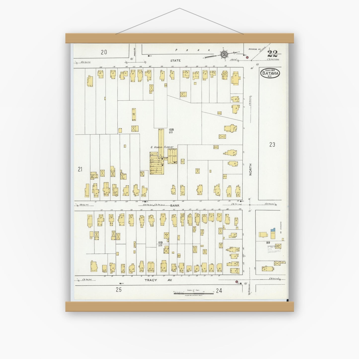 Old map wall art mockup — magnetic wood frame on white wall — Sanborn Fire Insurance Map from Batavia, Genesee County, New York (1919), Sheet #0022