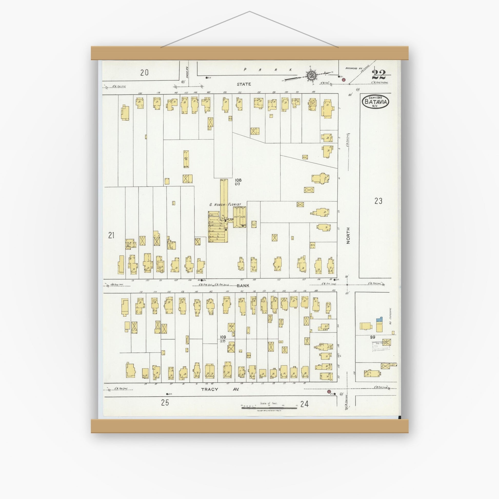 Old map wall art mockup — magnetic wood frame on white wall — Sanborn Fire Insurance Map from Batavia, Genesee County, New York (1919), Sheet #0022