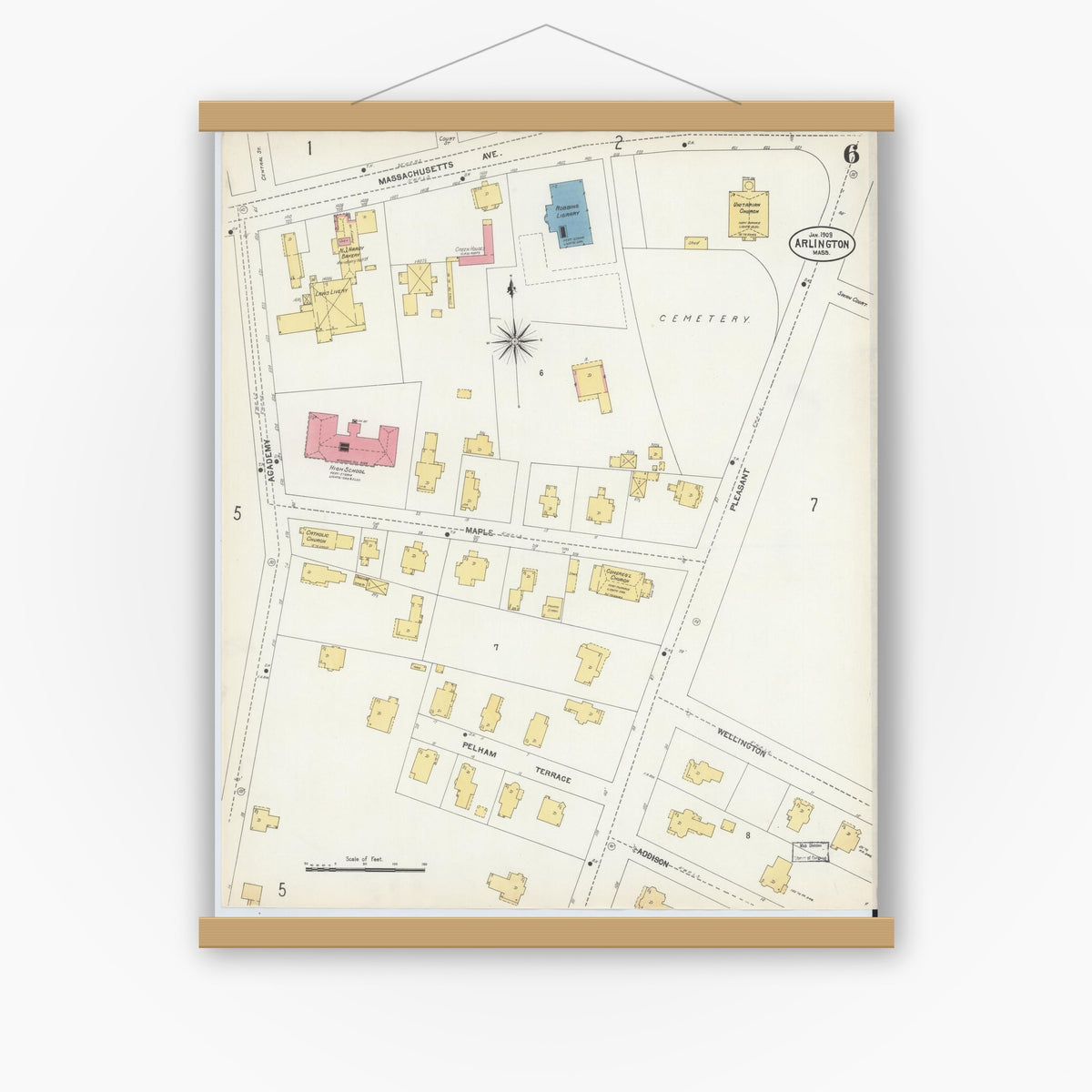 Old map wall art mockup — magnetic wood frame on white wall — Sanborn Fire Insurance Map from Arlington, Middlesex County, Massachusetts (1903), Sheet #0006