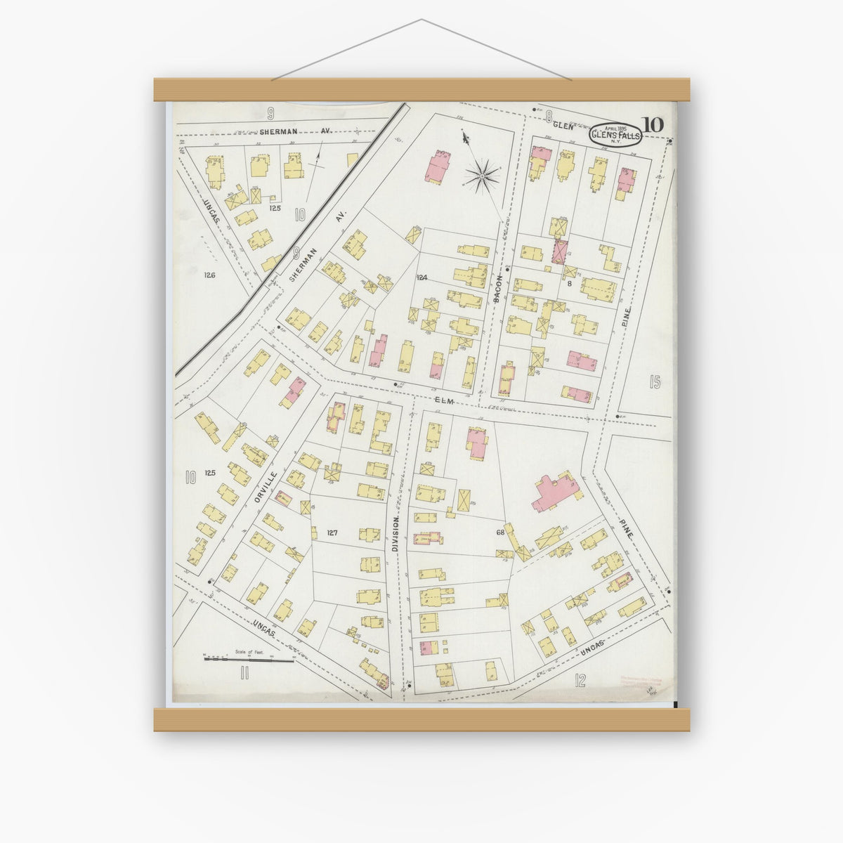 Old map wall art mockup — magnetic wood frame on white wall — Sanborn Fire Insurance Map from Glens Falls, Warren County, New York (1895), Sheet #0010