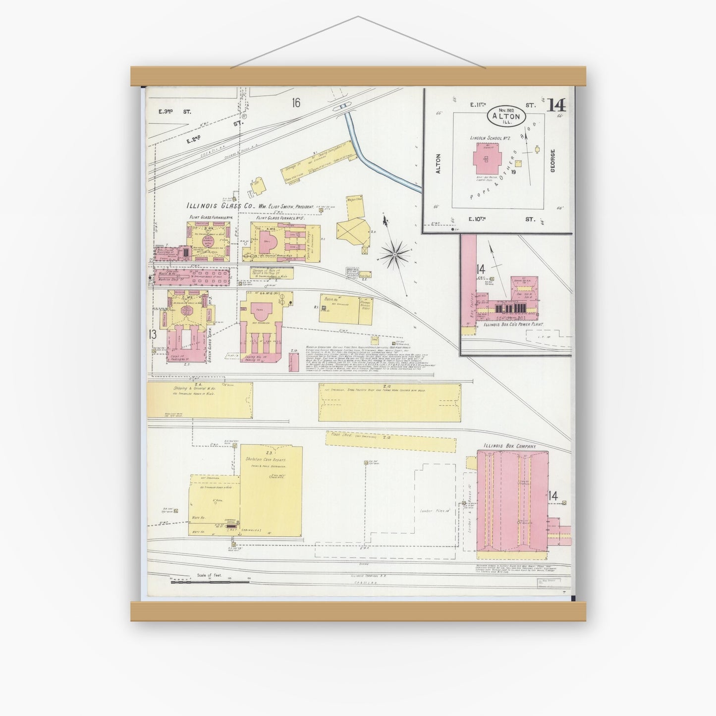 Old map wall art mockup — magnetic wood frame on white wall — Sanborn Fire Insurance Map from Alton, Madison County, Illinois (1902), Sheet #0014