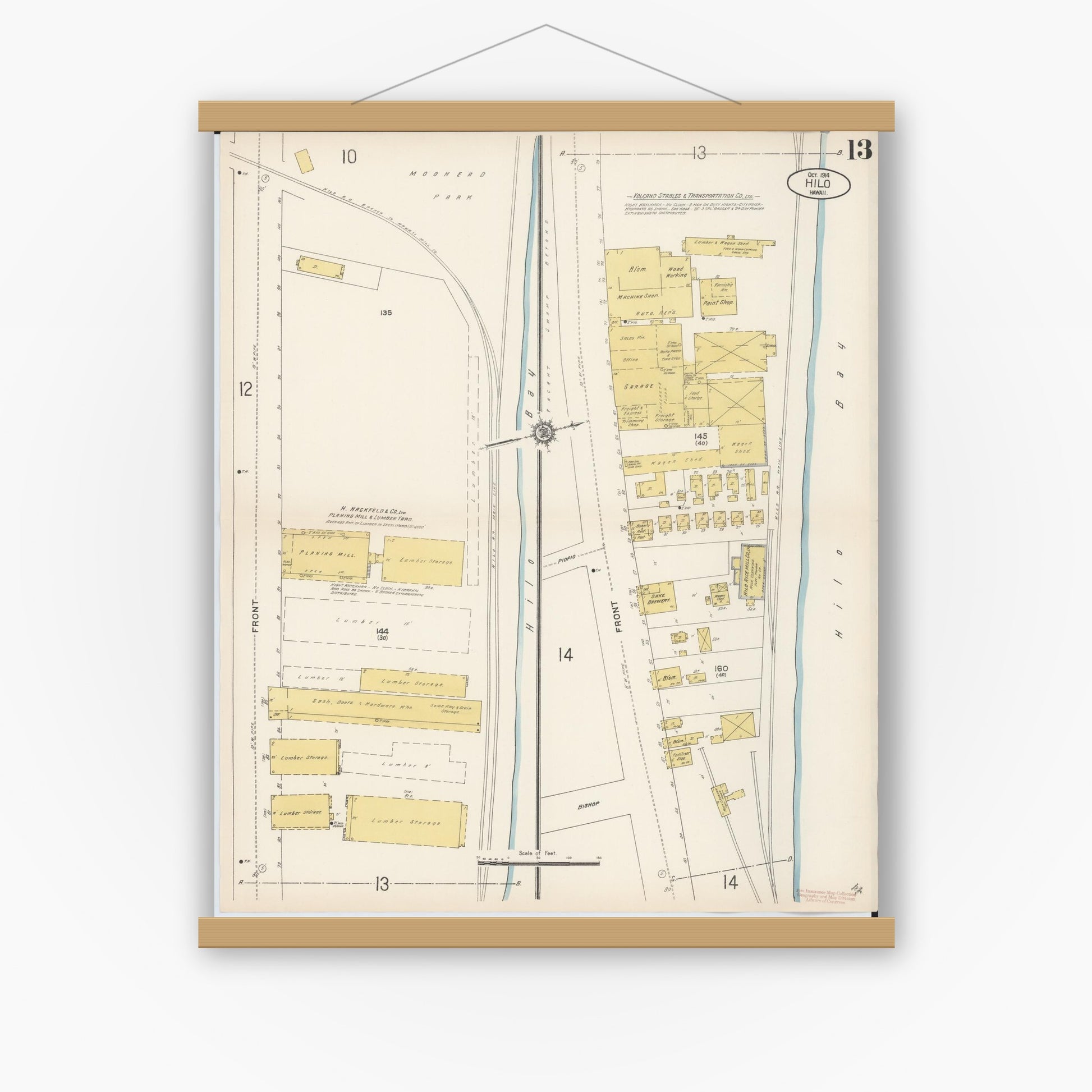Old map wall art mockup — magnetic wood frame on white wall — Sanborn Fire Insurance Map from Hilo, Hawaii County, Hawaii (1914), Sheet #0013