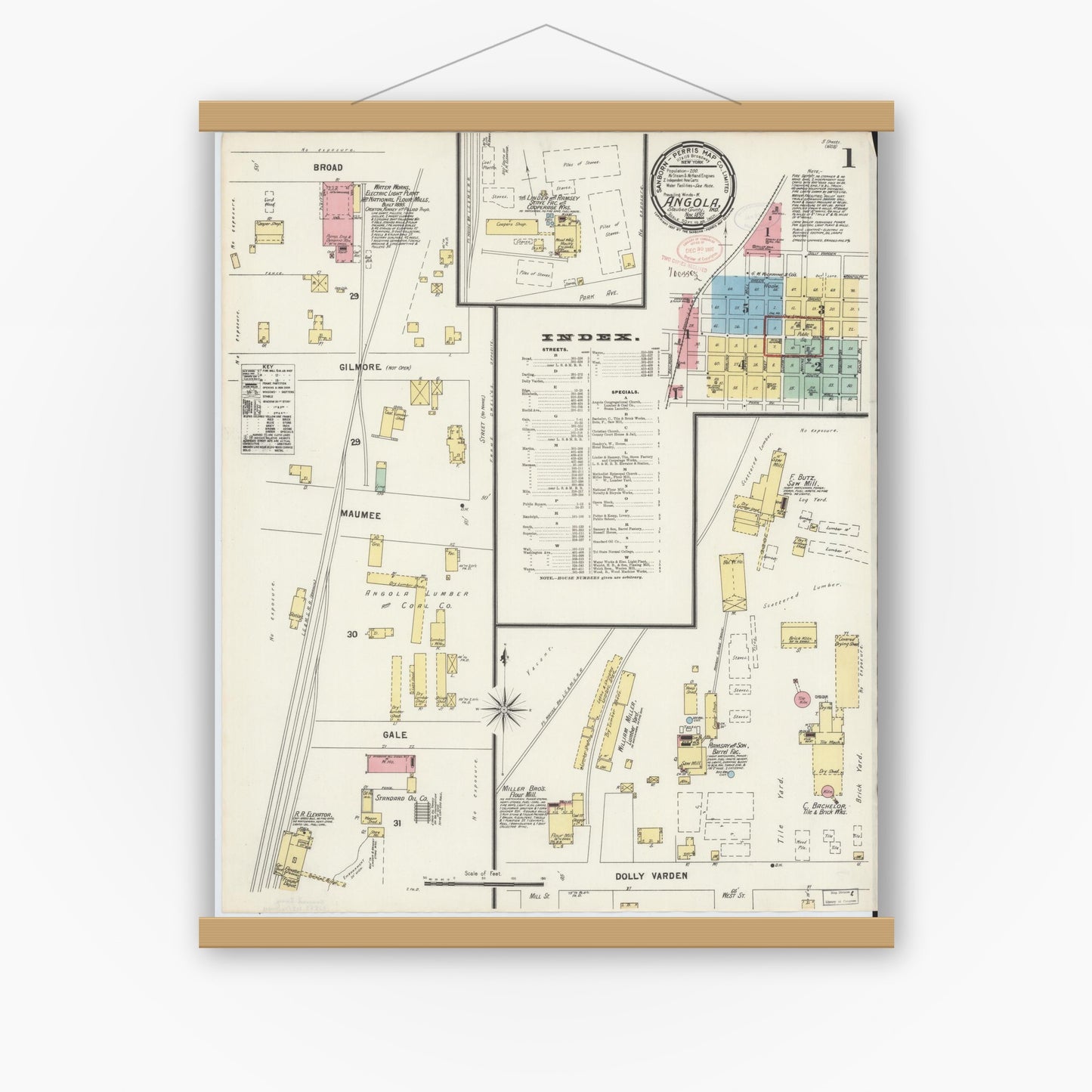 Old map wall art mockup — magnetic wood frame on white wall — Sanborn Fire Insurance Map from Angola, Steuben County, Indiana (1897) - Complete Map Set