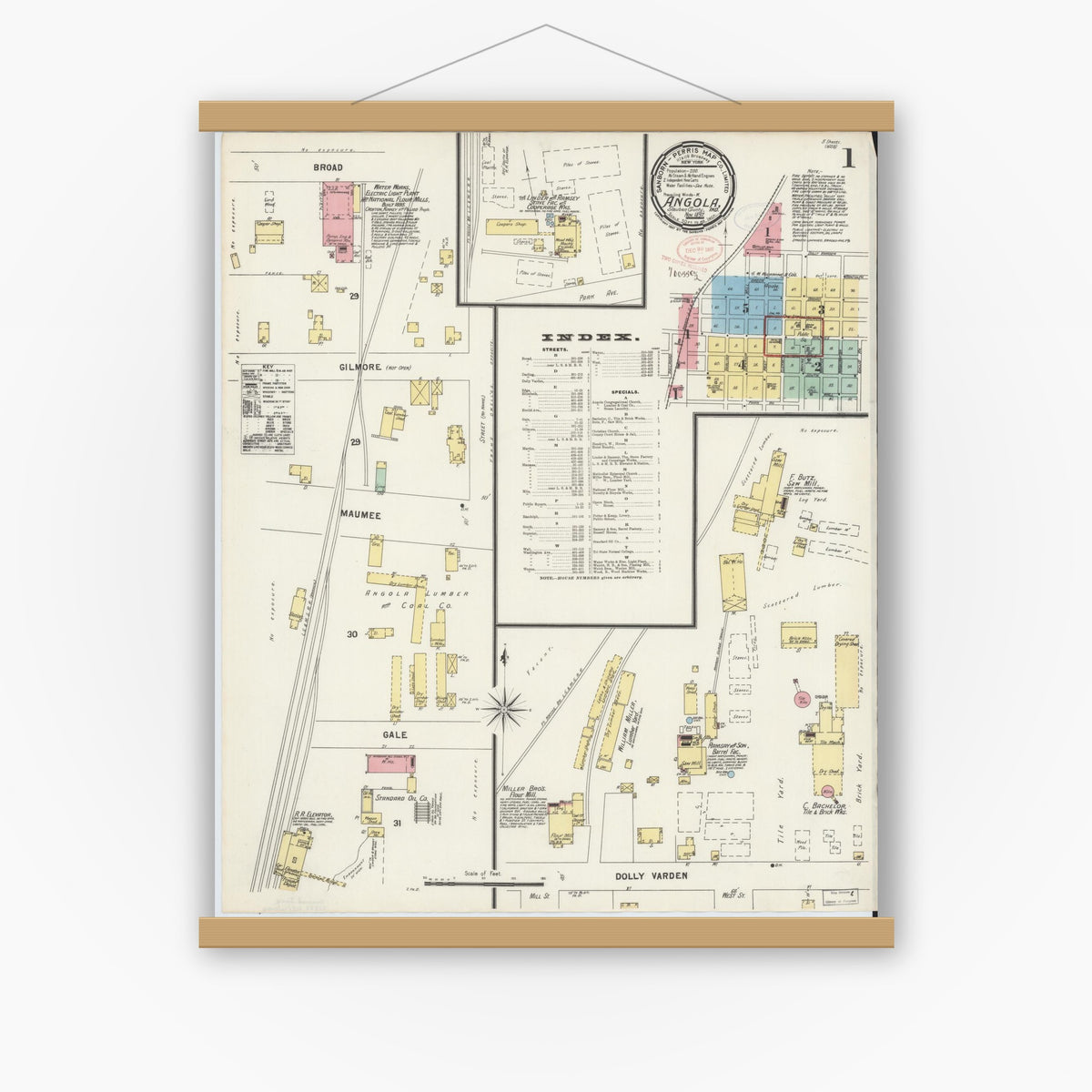 Old map wall art mockup — magnetic wood frame on white wall — Sanborn Fire Insurance Map from Angola, Steuben County, Indiana (1897) - Complete Map Set