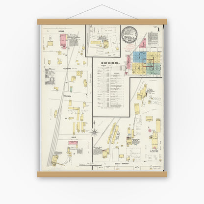 Old map wall art mockup — magnetic wood frame on white wall — Sanborn Fire Insurance Map from Angola, Steuben County, Indiana (1897) - Complete Map Set
