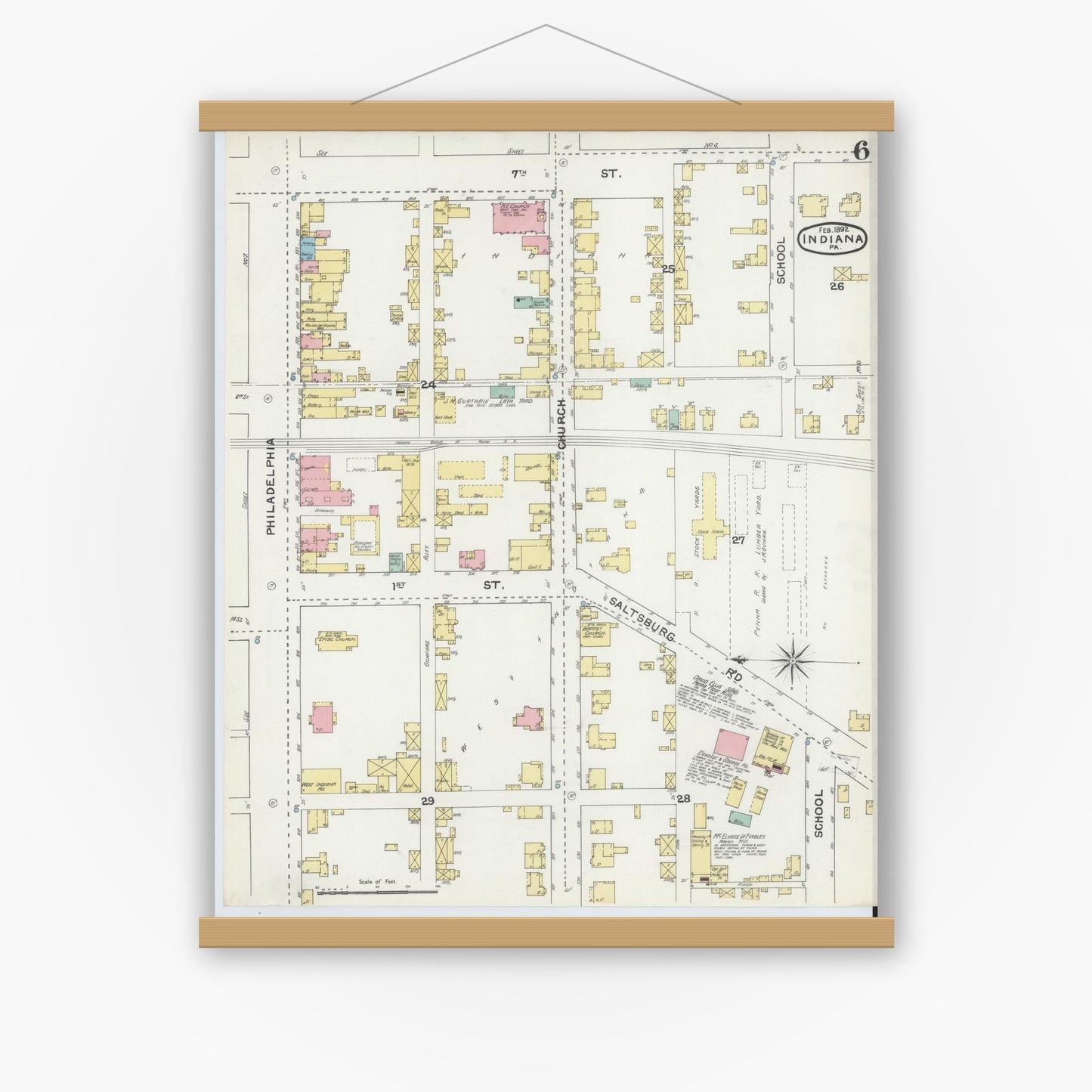 Old map wall art mockup — magnetic wood frame on white wall — Sanborn Fire Insurance Map from Indiana, Indiana County, Pennsylvania (1892), Sheet #0006