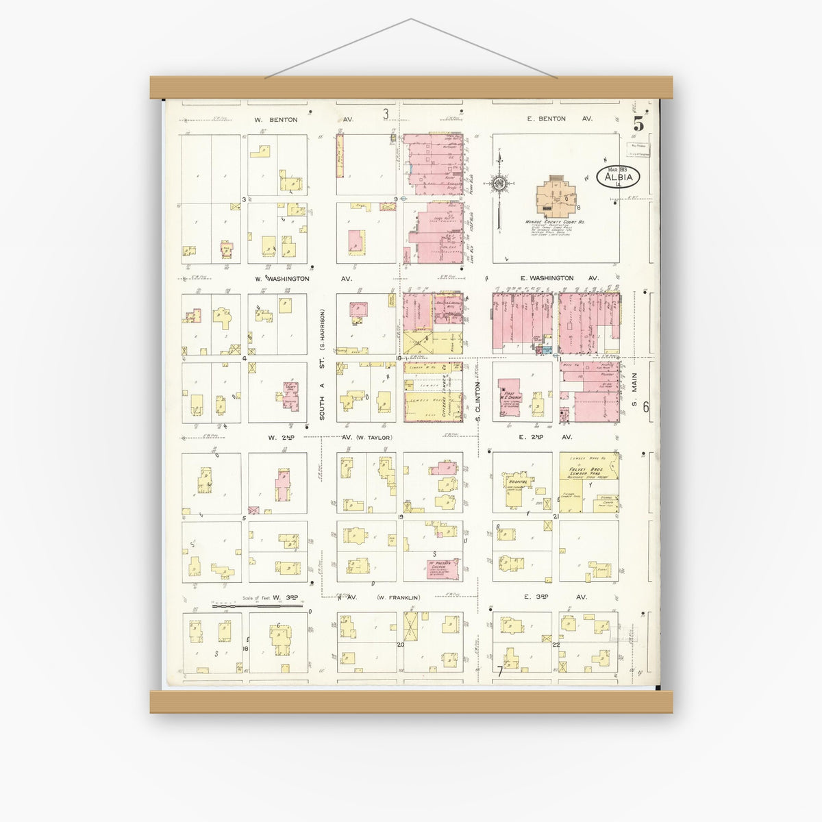 Old map wall art mockup — magnetic wood frame on white wall — Sanborn Fire Insurance Map from Albia, Monroe County, Iowa (1913), Sheet #0005