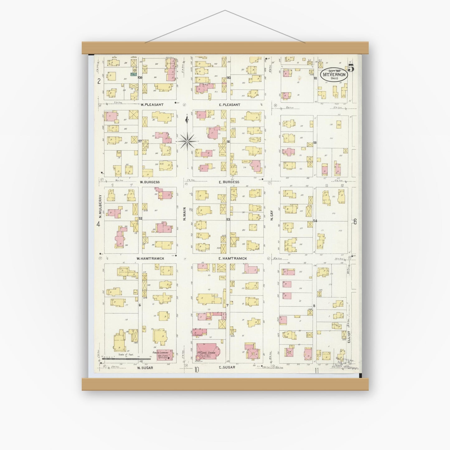 Old map wall art mockup — magnetic wood frame on white wall — Sanborn Fire Insurance Map from Mount Vernon, Knox County, Ohio (1907), Sheet #0005