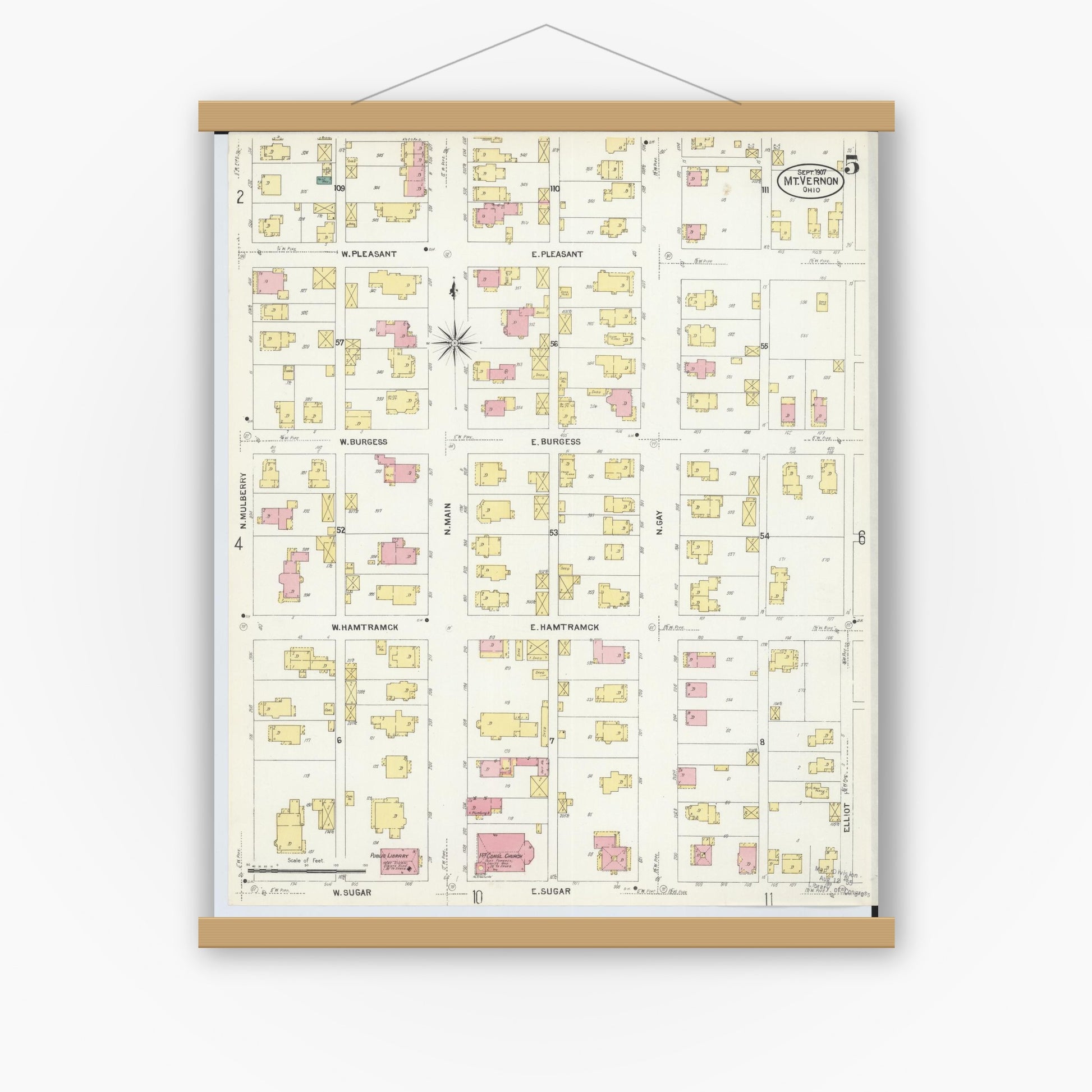 Old map wall art mockup — magnetic wood frame on white wall — Sanborn Fire Insurance Map from Mount Vernon, Knox County, Ohio (1907), Sheet #0005