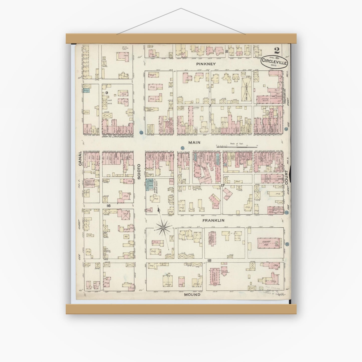 Old map wall art mockup — magnetic wood frame on white wall — Sanborn Fire Insurance Map from Circleville, Pickaway County, Ohio (1884), Sheet #0002