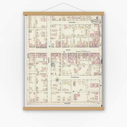 Old map wall art mockup — magnetic wood frame on white wall — Sanborn Fire Insurance Map from Circleville, Pickaway County, Ohio (1884), Sheet #0002