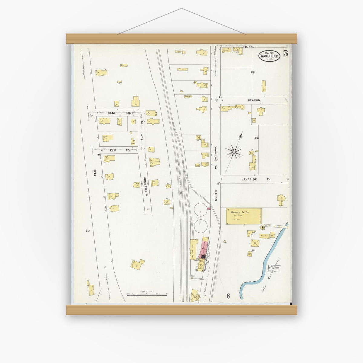 Old map wall art mockup — magnetic wood frame on white wall — Sanborn Fire Insurance Map from Wakefield, Middlesex County, Massachusetts (1909), Sheet #0005
