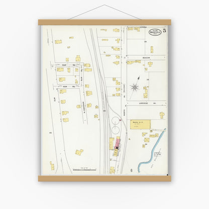 Old map wall art mockup — magnetic wood frame on white wall — Sanborn Fire Insurance Map from Wakefield, Middlesex County, Massachusetts (1909), Sheet #0005