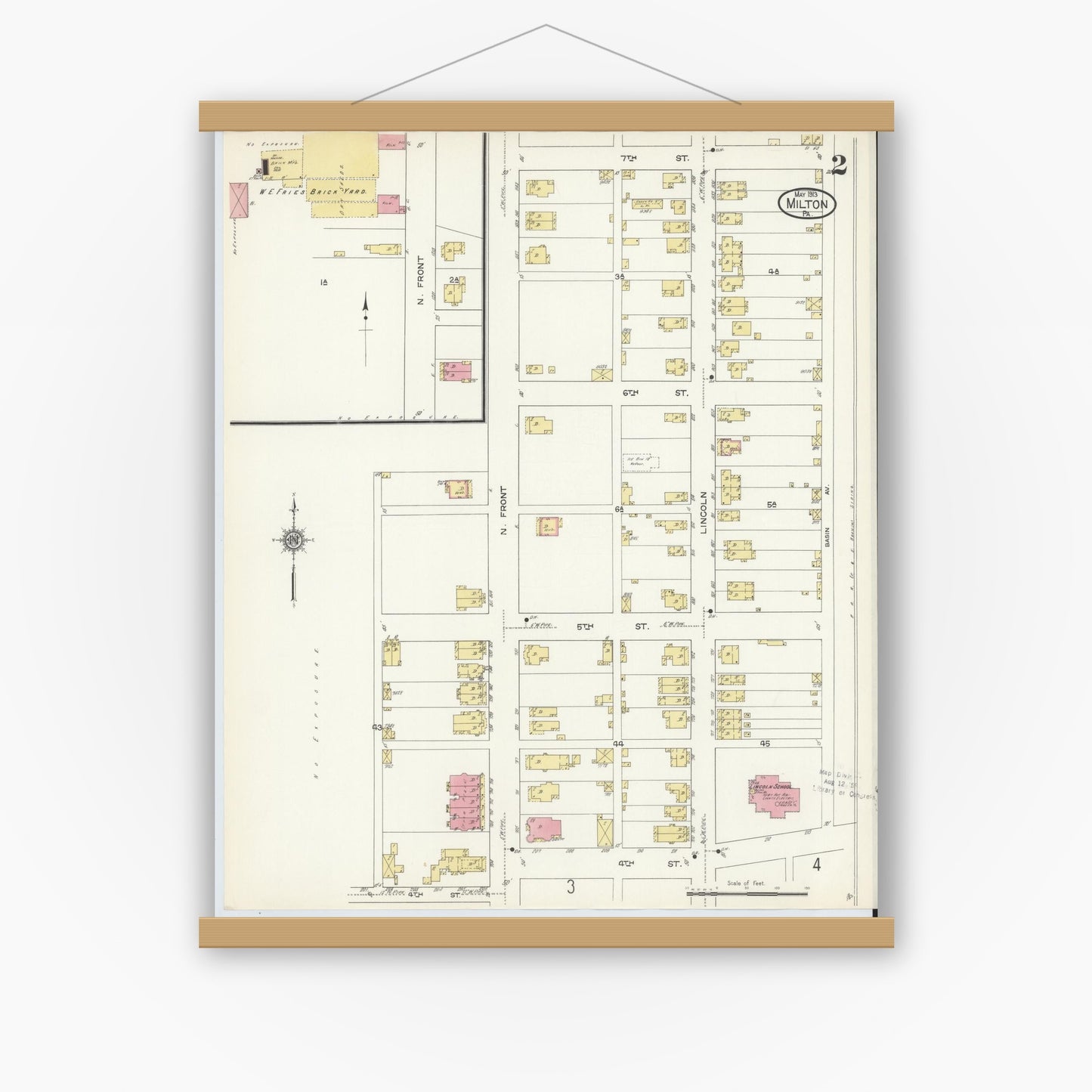 Old map wall art mockup — magnetic wood frame on white wall — Sanborn Fire Insurance Map from Milton, Northumberland County, Pennsylvania (1913), Sheet #0002