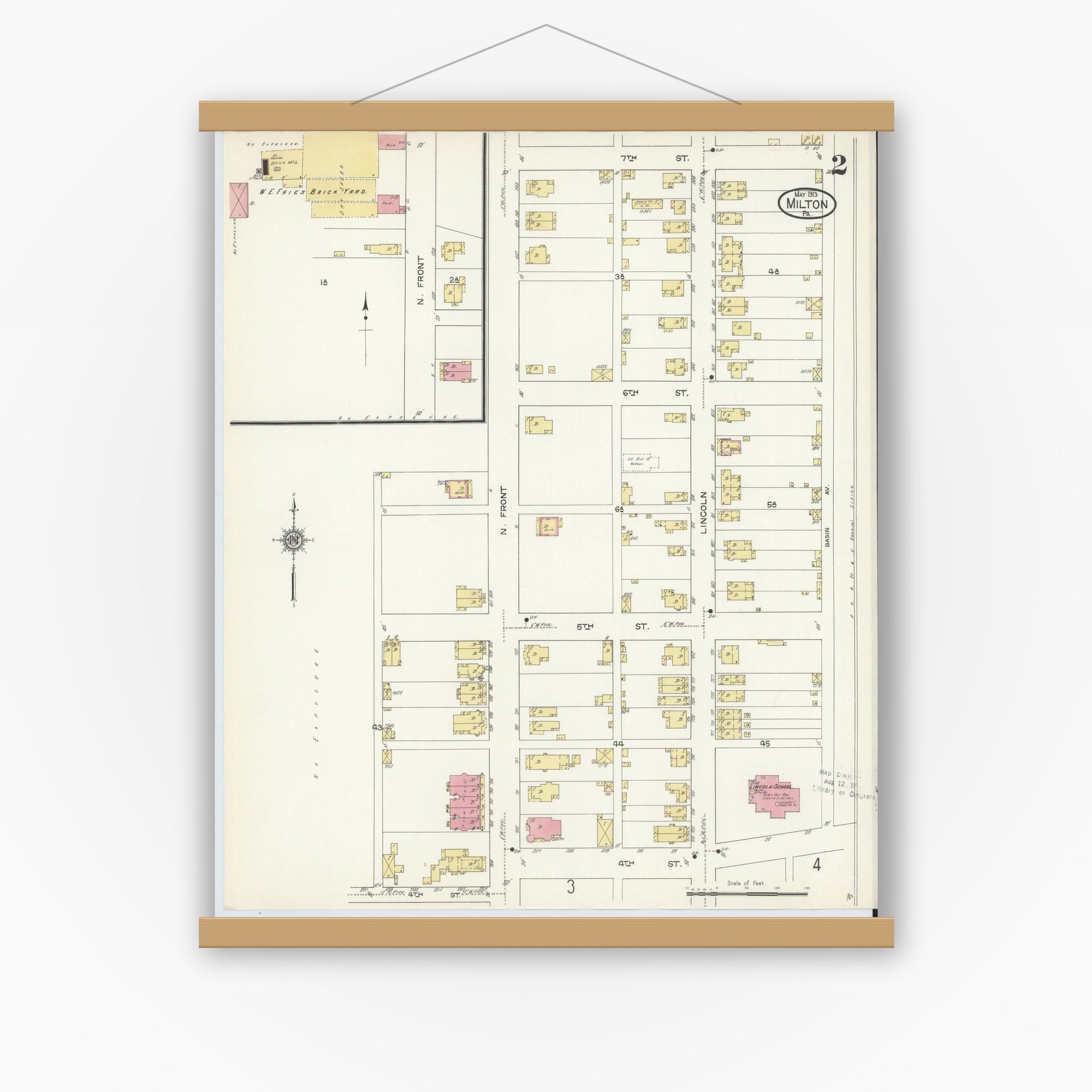 Old map wall art mockup — magnetic wood frame on white wall — Sanborn Fire Insurance Map from Milton, Northumberland County, Pennsylvania (1913), Sheet #0002