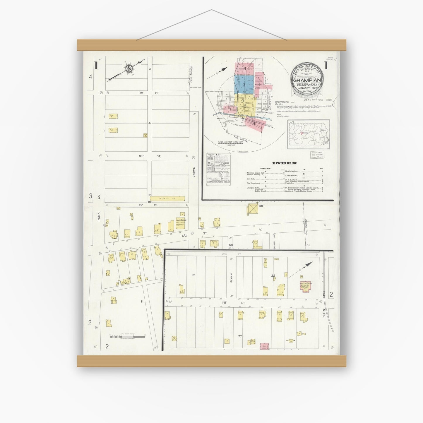 Old map wall art mockup — magnetic wood frame on white wall — Sanborn Fire Insurance Map from Grampian, Clearfield County, Pennsylvania (1930) - Complete Map Set