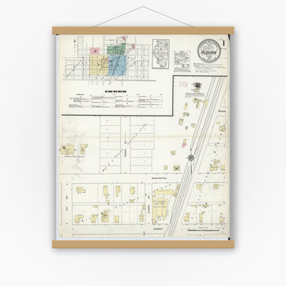 Old map wall art mockup — magnetic wood frame on white wall — Sanborn Fire Insurance Map from Auburn, Sangamon County, Illinois (1914) - Complete Map Set