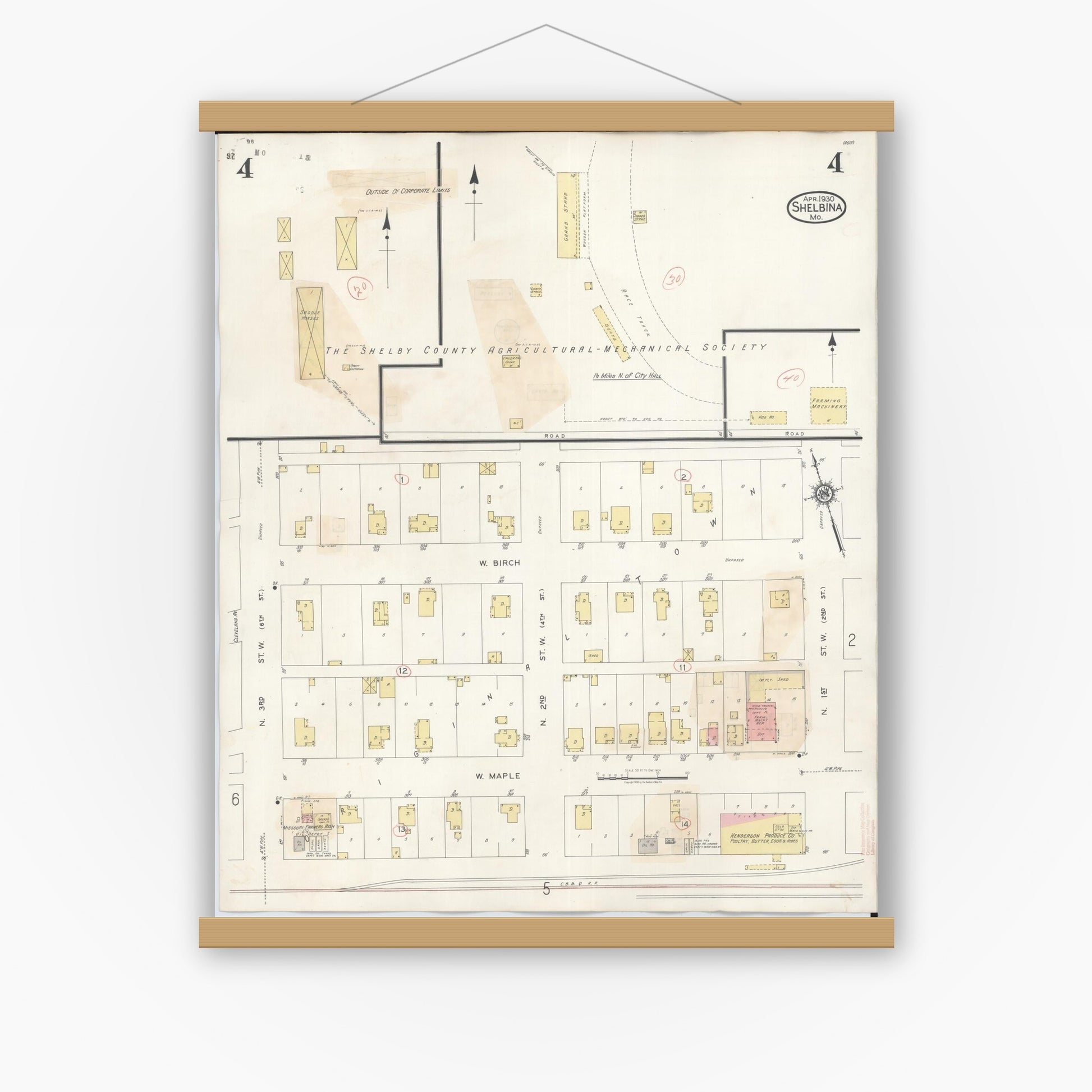 Old map wall art mockup — magnetic wood frame on white wall — Sanborn Fire Insurance Map from Shelbina, Shelby County, Missouri (1943), Sheet #0004