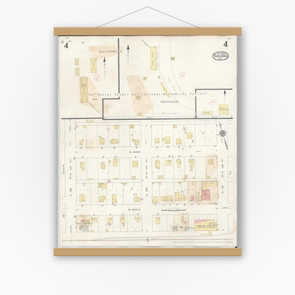 Old map wall art mockup — magnetic wood frame on white wall — Sanborn Fire Insurance Map from Shelbina, Shelby County, Missouri (1943), Sheet #0004