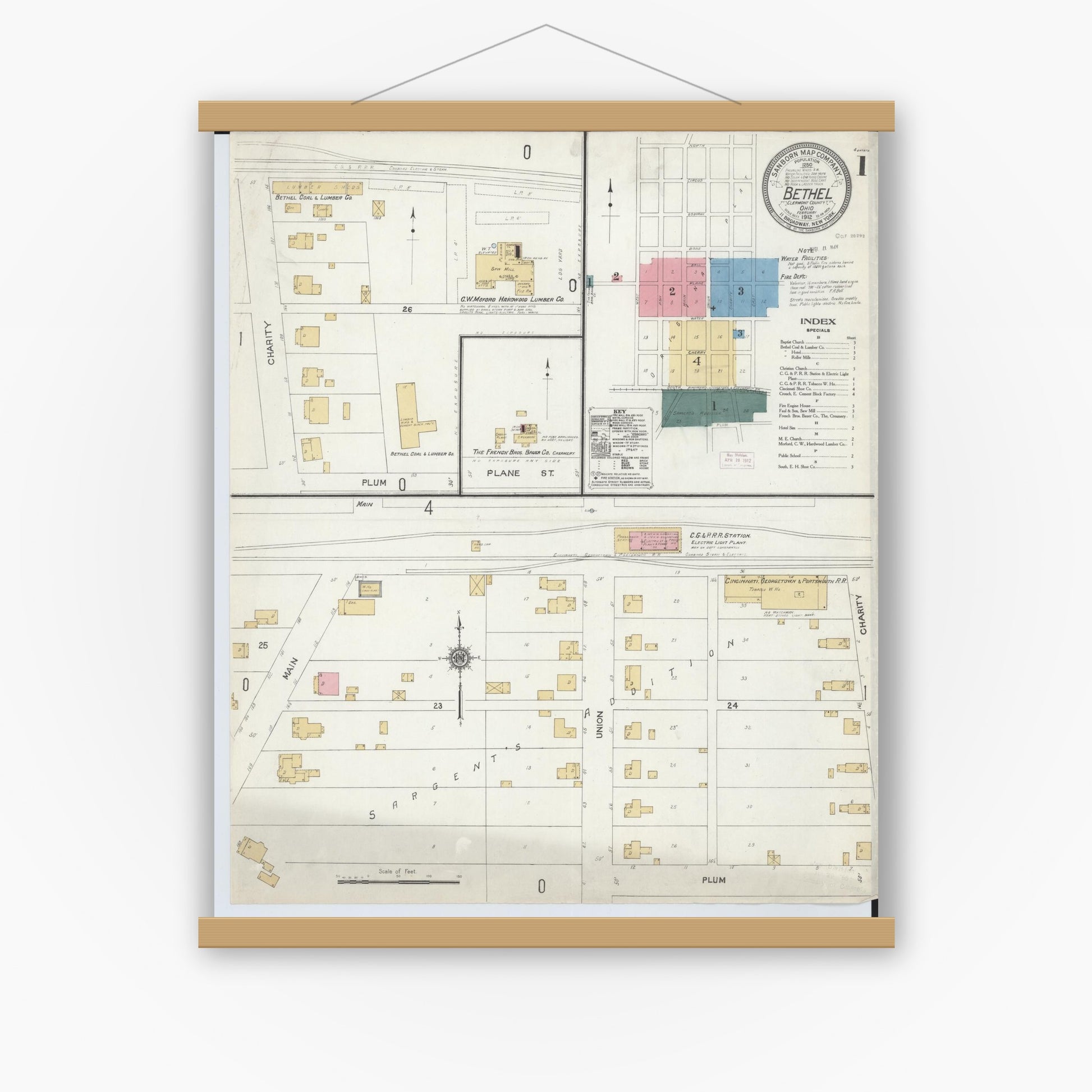 Old map wall art mockup — magnetic wood frame on white wall — Sanborn Fire Insurance Map from Bethel, Clermont County, Ohio (1912) - Complete Map Set