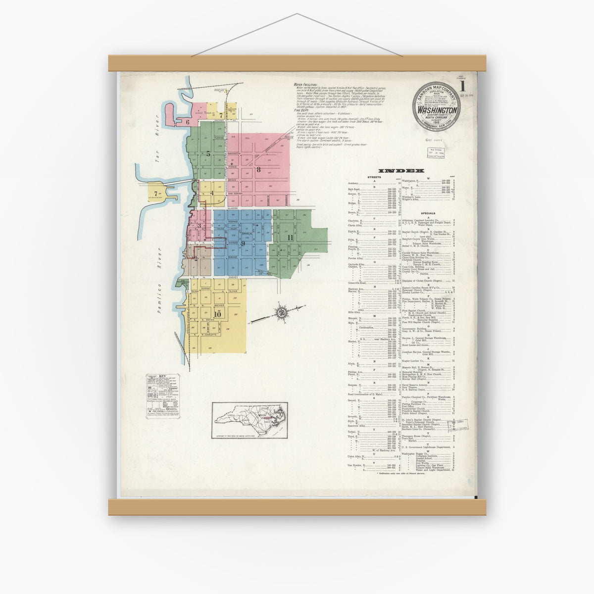 Old map wall art mockup — magnetic wood frame on white wall — Sanborn Fire Insurance Map from Washington, Beaufort County, North Carolina (1916) - Complete Map Set