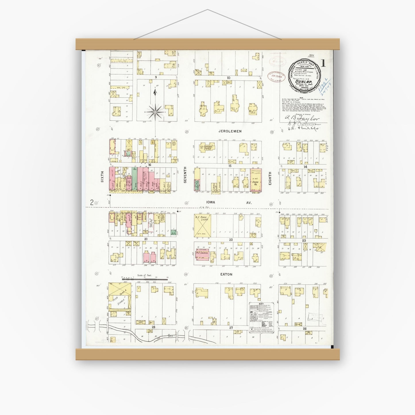 Old map wall art mockup — magnetic wood frame on white wall — Sanborn Fire Insurance Map from Dunlap, Harrison County, Iowa (1899), Sheet #0001
