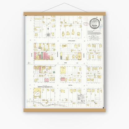 Old map wall art mockup — magnetic wood frame on white wall — Sanborn Fire Insurance Map from Dunlap, Harrison County, Iowa (1899), Sheet #0001
