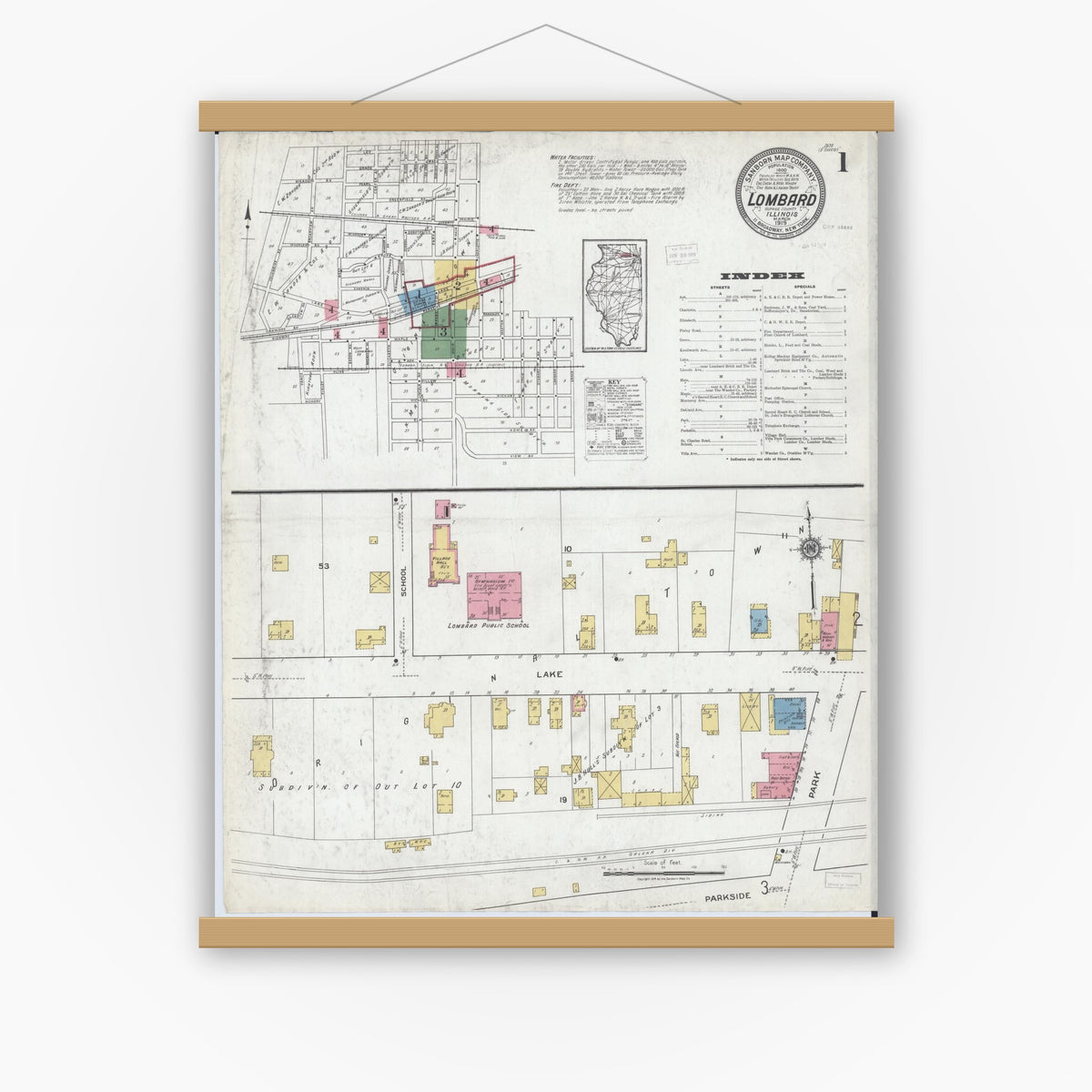 Old map wall art mockup — magnetic wood frame on white wall — Sanborn Fire Insurance Map from Lombard, Du Page County, Illinois (1919) - Complete Map Set