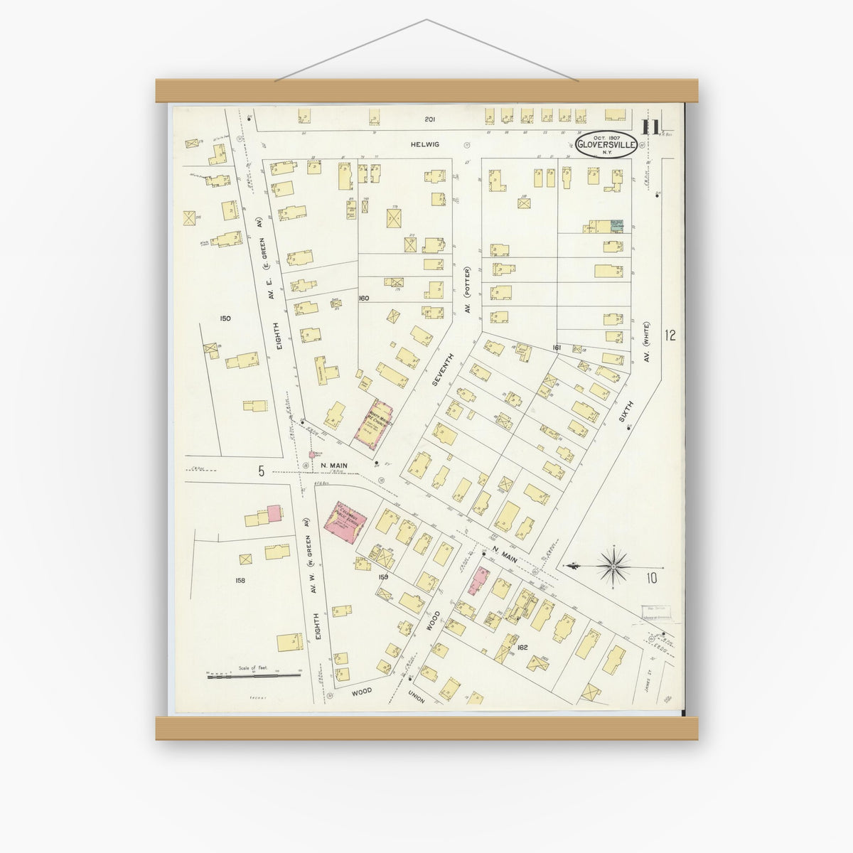 Old map wall art mockup — magnetic wood frame on white wall — Sanborn Fire Insurance Map from Gloversville, Fulton County, New York (1907), Sheet #0011