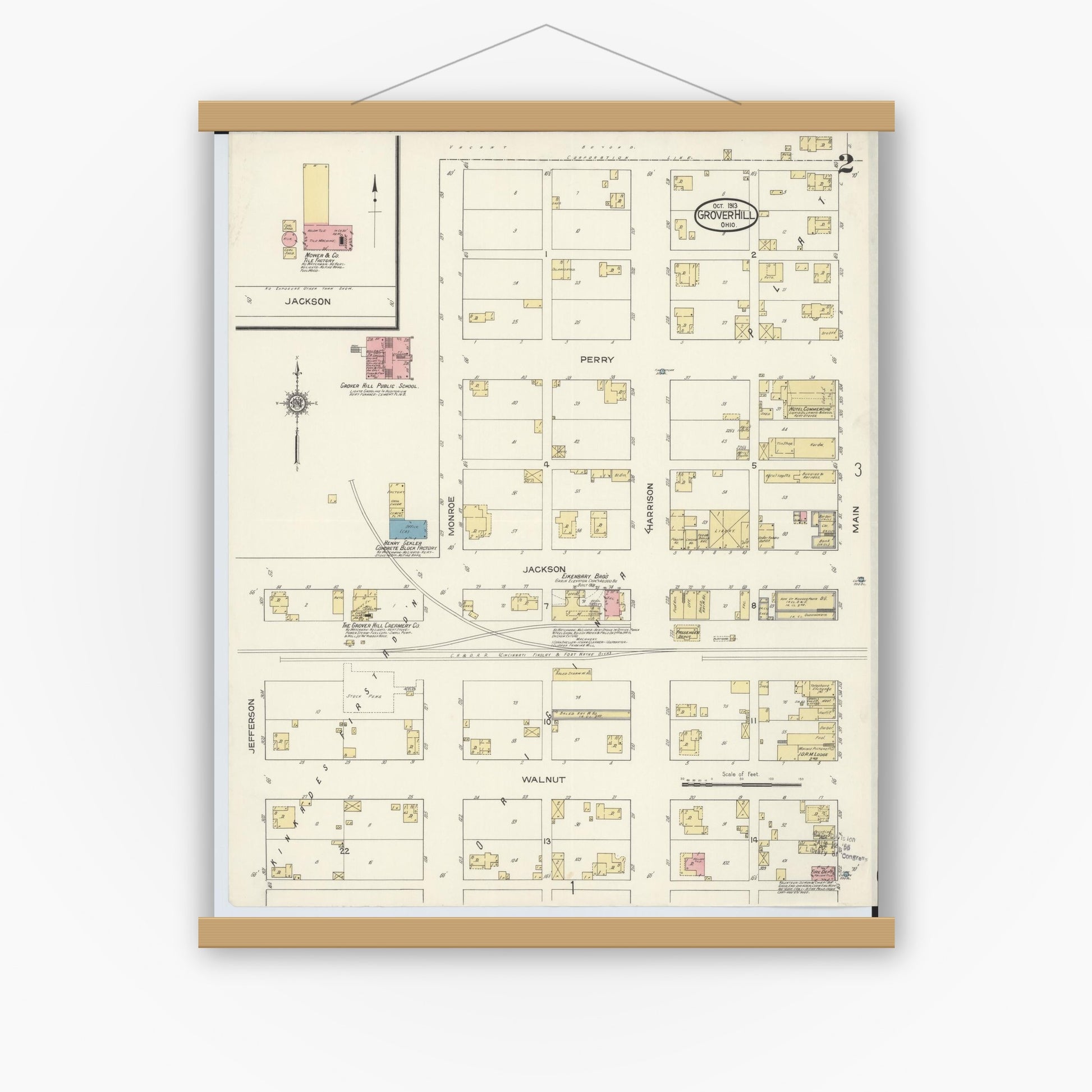 Old map wall art mockup — magnetic wood frame on white wall — Sanborn Fire Insurance Map from Grover Hill, Paulding County, Ohio (1913), Sheet #0002