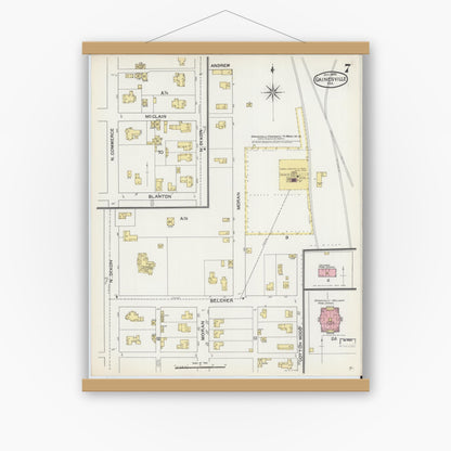 Old map wall art mockup — magnetic wood frame on white wall — Sanborn Fire Insurance Map from Gainesville, Cooke County, Texas (1892), Sheet #0007