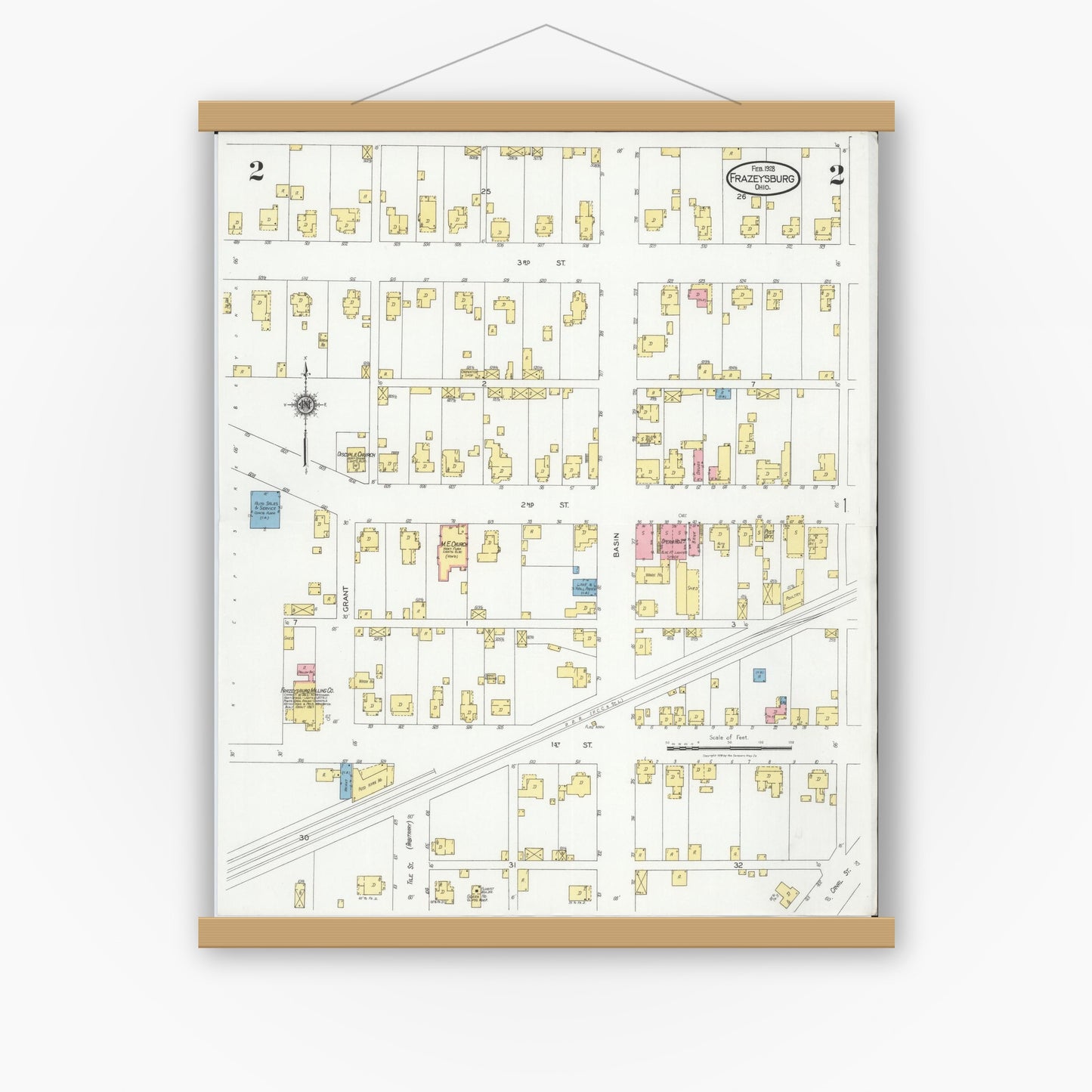 Old map wall art mockup — magnetic wood frame on white wall — Sanborn Fire Insurance Map from Frazeysburg, Muskingum County, Ohio (1928), Sheet #0002