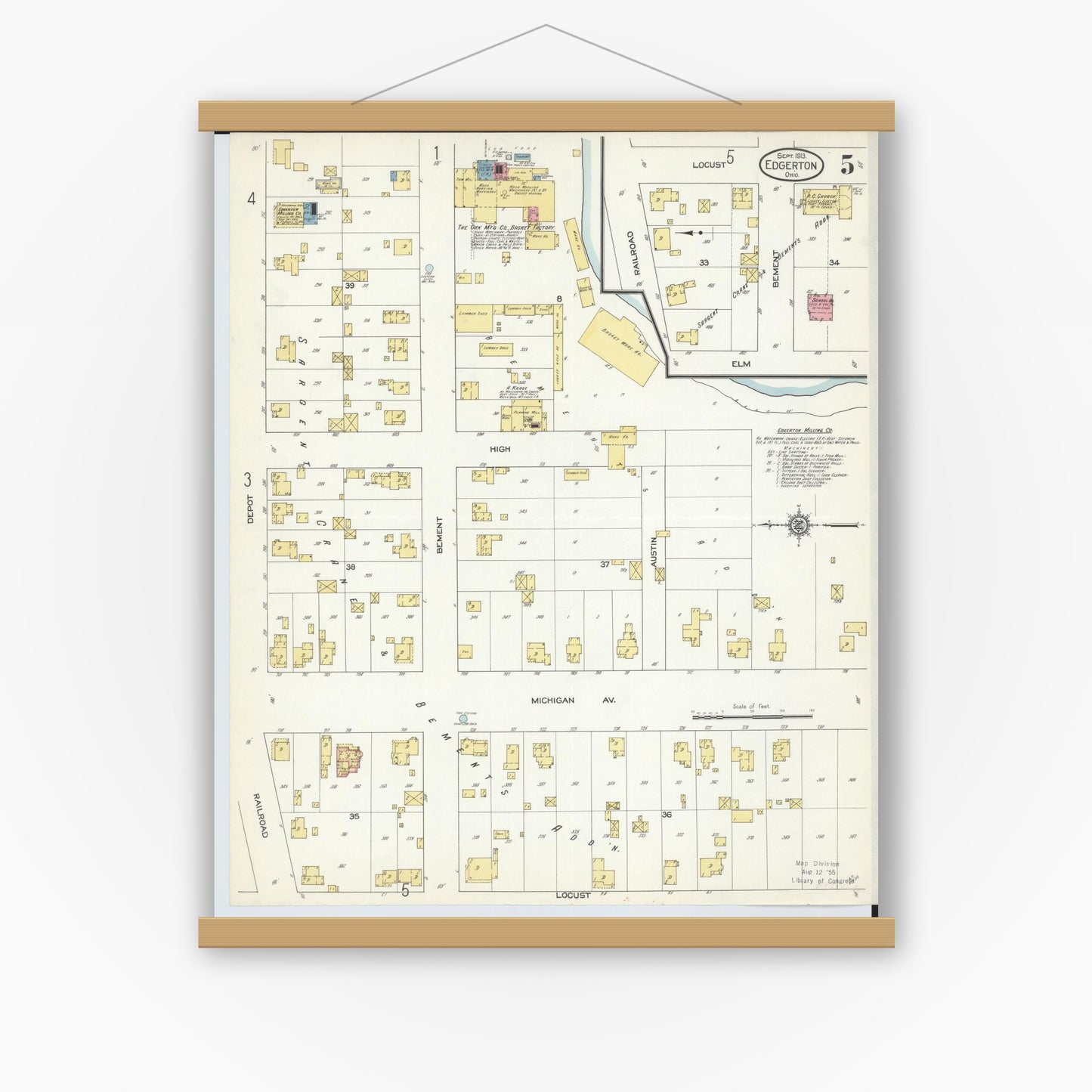 Old map wall art mockup — magnetic wood frame on white wall — Sanborn Fire Insurance Map from Edgerton, Williams County, Ohio (1913), Sheet #0005