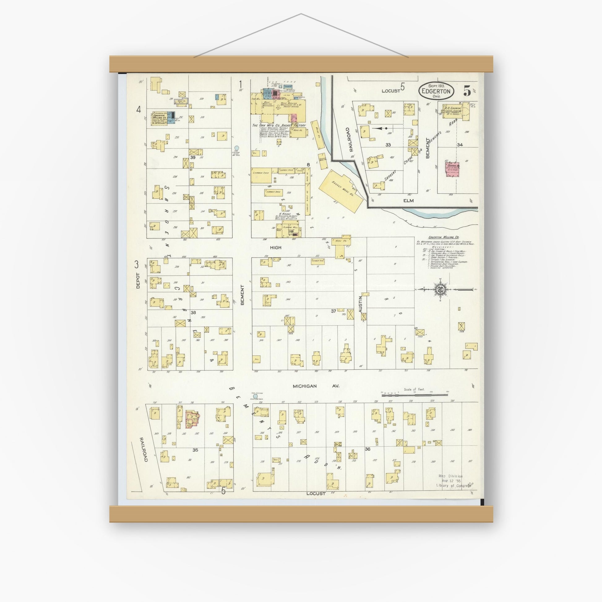 Old map wall art mockup — magnetic wood frame on white wall — Sanborn Fire Insurance Map from Edgerton, Williams County, Ohio (1913), Sheet #0005