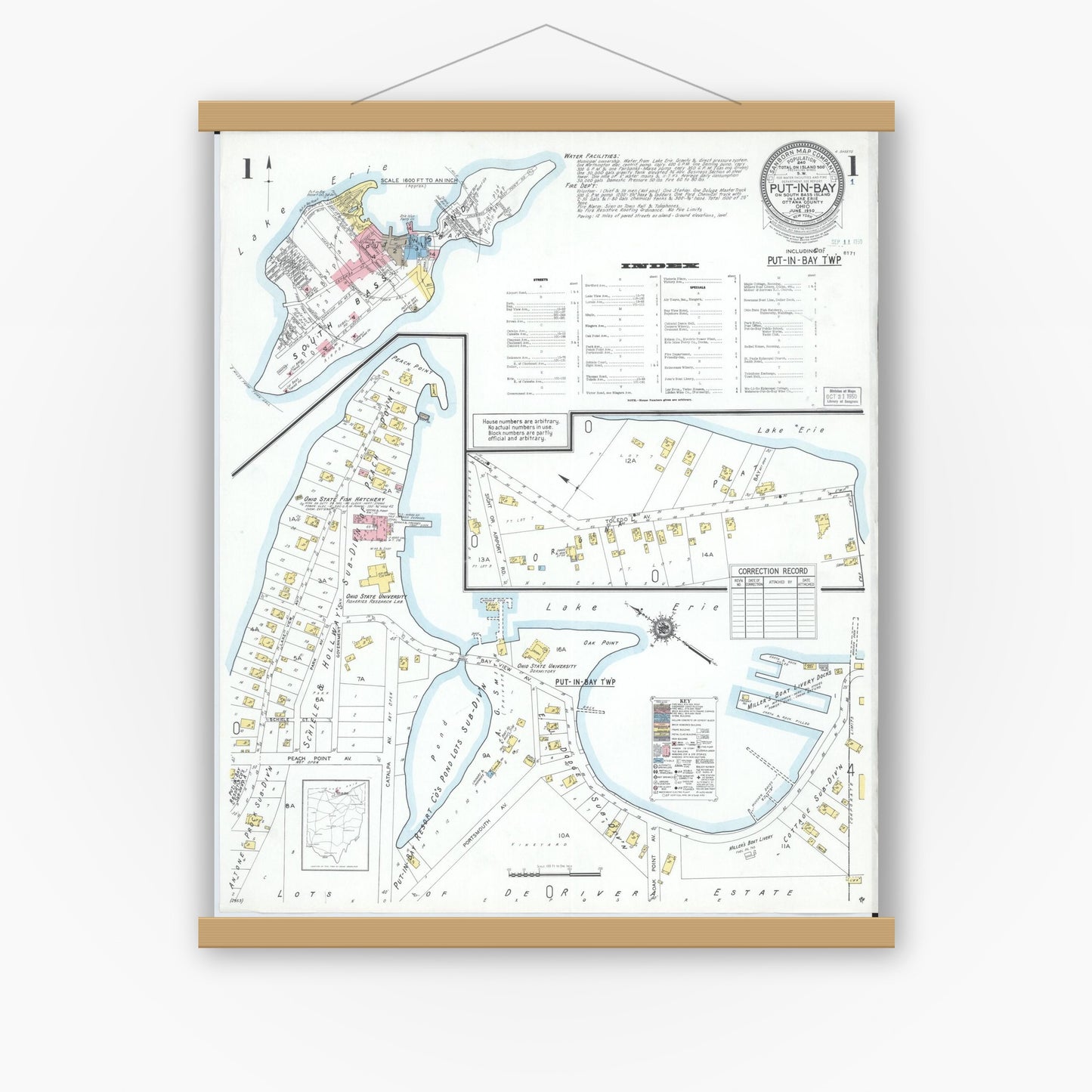 Old map wall art mockup — magnetic wood frame on white wall — Sanborn Fire Insurance Map from Put-in-bay, Ottawa County, Ohio (1950) - Complete Map Set