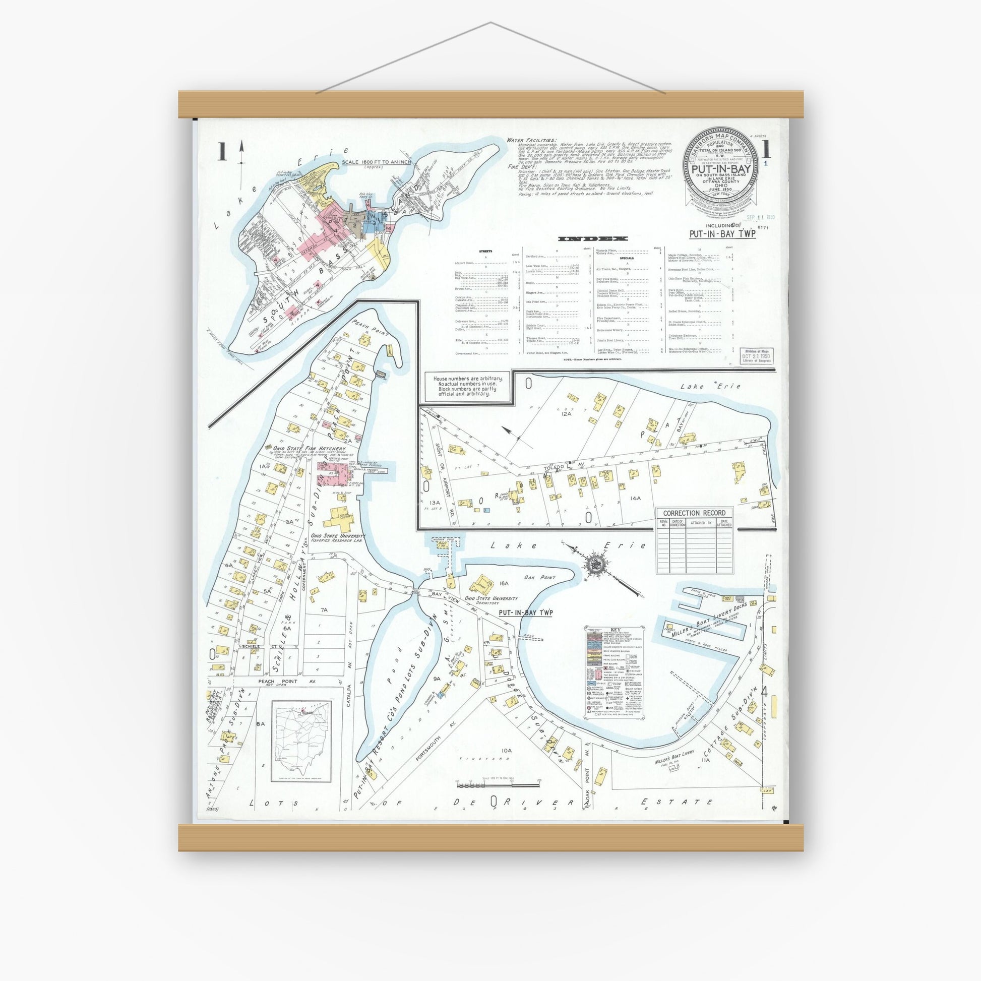Old map wall art mockup — magnetic wood frame on white wall — Sanborn Fire Insurance Map from Put-in-bay, Ottawa County, Ohio (1950) - Complete Map Set