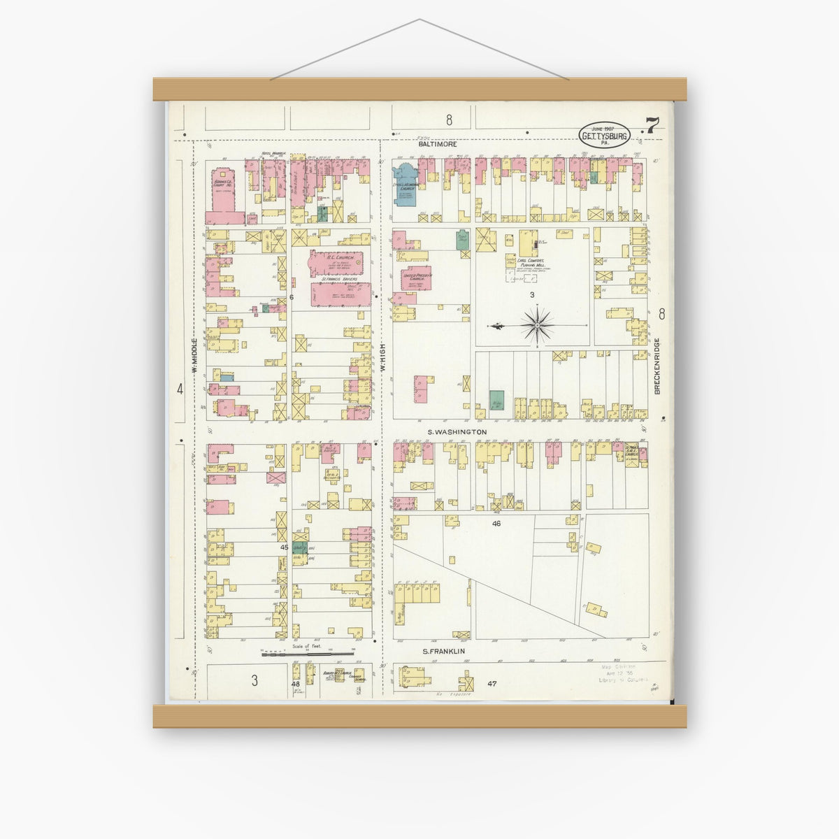 Old map wall art mockup — magnetic wood frame on white wall — Sanborn Fire Insurance Map from Gettysburg, Adams County, Pennsylvania (1907), Sheet #0007