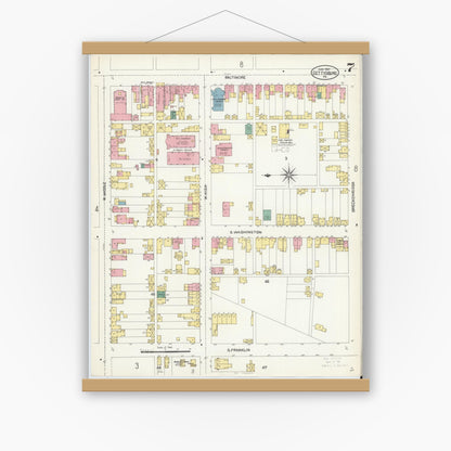 Old map wall art mockup — magnetic wood frame on white wall — Sanborn Fire Insurance Map from Gettysburg, Adams County, Pennsylvania (1907), Sheet #0007