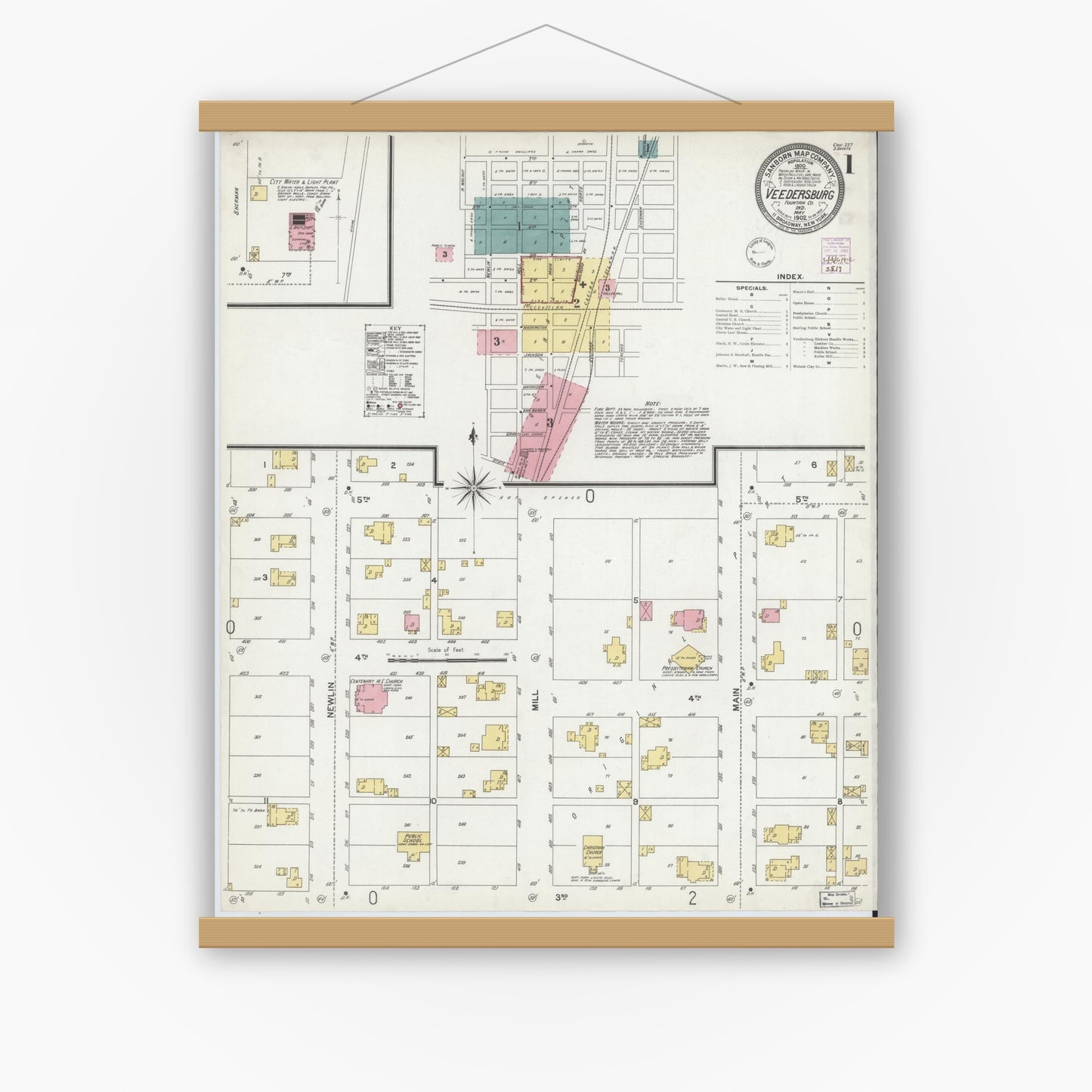 Old map wall art mockup — magnetic wood frame on white wall — Sanborn Fire Insurance Map from Veedersburg, Fountain County, Indiana (1902) - Complete Map Set