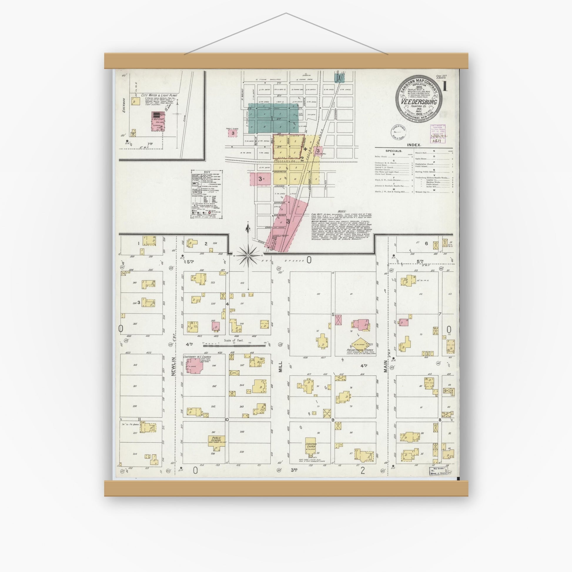 Old map wall art mockup — magnetic wood frame on white wall — Sanborn Fire Insurance Map from Veedersburg, Fountain County, Indiana (1902) - Complete Map Set